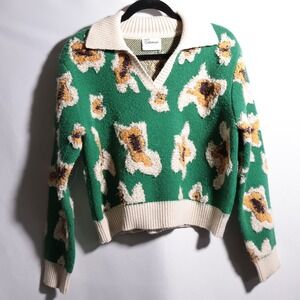 Callahan Knitwear Robbie Polo Sweater Green Floral Womens L Quirky Kitschy Twee